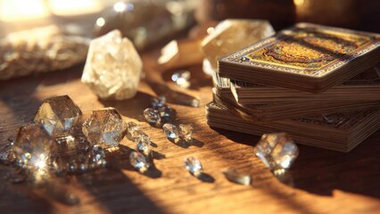 A deck of ornate tarot cards on a wooden table, surrounded by crystals and gemstones. Concept Ornate tarot cards, wooden table, crystals and gemstones, mystical setup, arcane symbolism