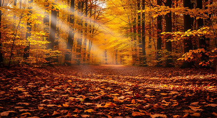 Autumn Forest Background With Warm Golden Foliage And Soft Light