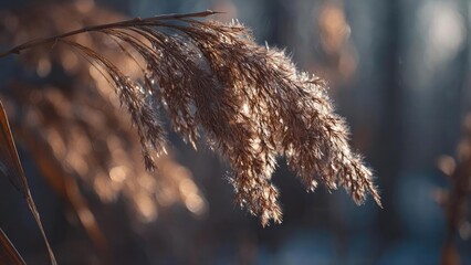 A close-up of a fluffy reed grass seed head with frost on the tips, backlit by warm sunlight. Concept Frosted reed grass close-up, Backlit warm sunlight, Macro seed head detail, Textured frost tips