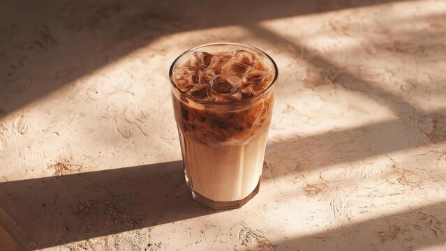 Glass of iced latte with milk on a sunlit, textured tabletop. Concept Iced latte, Milk foam, Sunlit tabletop, Textured surface, Glassware photography - Powered by Adobe
