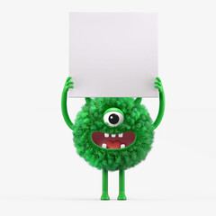 Fluffy, cute monster holds a blank sign, symbolizes information and advertising display. 3D rendering, conceptual image. Isolated on white background.