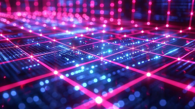 Illuminated grid with pink lines and blue lights creating a futuristic scene - Powered by Adobe