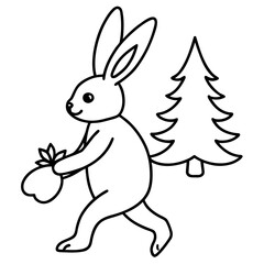 Cartoon rabbit carrying a christmas tree and a gift