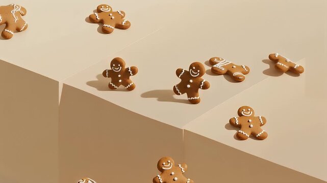 Gingerbread men cookies on a beige background with geometric shapes.