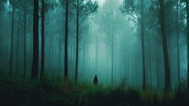 A lone figure walks through a misty teal forest, tall trees fading into the fog. Concept Misty forest, Teal hue, Lone figure, Foggy atmosphere, Tall trees