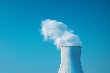 Minimalist photograph of cooling tower emitting clean steam, blue sky background, sustainable energy