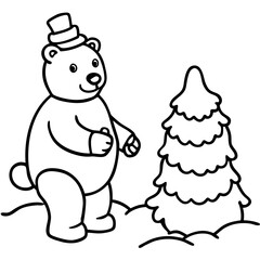Cute cartoon bear wearing a hat stands next to a christmas tree