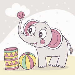 Cute cartoon elephant playing with a ball and drum