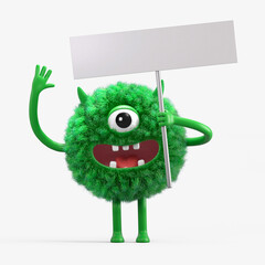 Fluffy, cute monster holds a blank sign, symbolizes information and advertising display. 3D rendering, conceptual image. Isolated on white background.