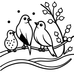 Three birds perched on a branch with berries and snowflakes