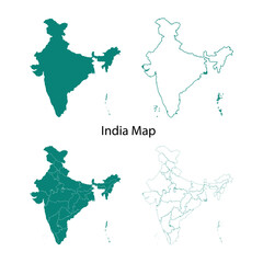 Fototapeta premium India Teal Map Outlines on White, Geographic Representation