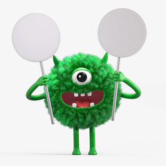 Fluffy, cute monster holds a blank sign, symbolizes information and advertising display. 3D rendering, conceptual image. Isolated on white background.