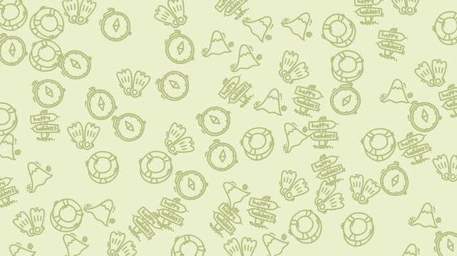 animated summer holiday icon seamless pattern of life preservers, compasses, mountains, and double ovals perfect for nautical, outdoor, adventure, and travelthemed designs.