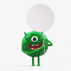 Fluffy, cute monster holds a blank sign, symbolizes information and advertising display. 3D rendering, conceptual image. Isolated on white background.