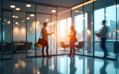 Motion blur image of a contemporary glass office building with a meeting area, glass doors and windows and the silhouette of a person. High quality