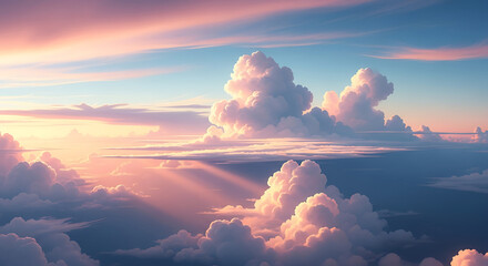 Dreamy Cotton Clouds With Pastel Sky And Sunlight Glow