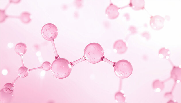 美しいピンクの分子構造を表現した美容成分の3Dイメージ／Beautiful Pink 3D Molecular Structure Representing Cosmetic Beauty Ingredients such as Collagen or Peptides for Skincare Design