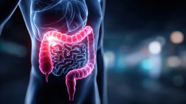 Glowing 3D rendering shows human digestive system with large and small intestines in a body