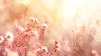 Soft focus image of pink and white cosmos flowers in a field with bright light