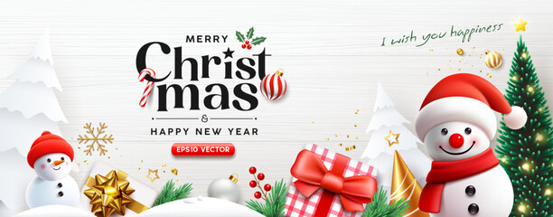 Merry christmas and happy new year present banner design on white wood background