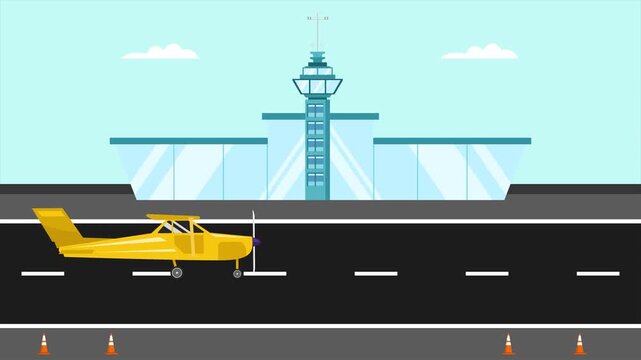 Animated video of goal dragonfly plane at the airport. Aircraft landing and take off concept. Full length animation illustration. High quality&nbsp;4k&nbsp;footage