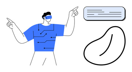 Person wearing VR headset pointed towards digital interface. Features abstract bean-shaped design and circuitry. Ideal for technology, innovation, VR, gaming, UIUX, digital transformation, simple