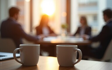 Two coffee mugs are sitting on a wooden table in the foreground, while blurry businesspeople are having a meeting in the background, illuminated by the setting sun. High quality