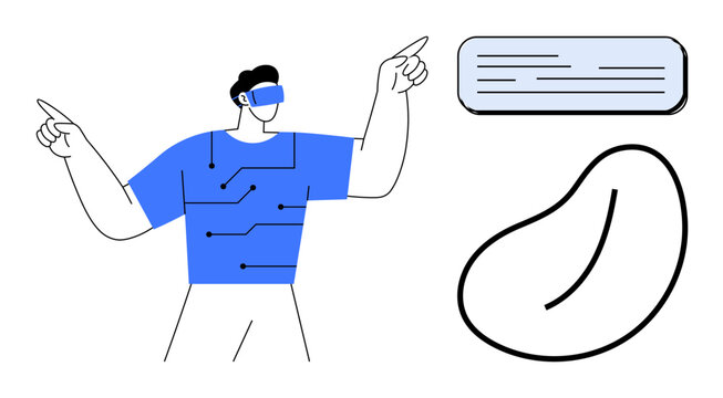 Person wearing VR headset pointed towards digital interface. Features abstract bean-shaped design and circuitry. Ideal for technology, innovation, VR, gaming, UIUX, digital transformation, simple