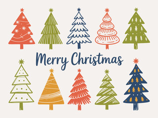 Obraz premium A vibrant set of illustrated Christmas trees in various styles and colors, conveying the festive spirit of the holiday season with joyful decorations and cheer.