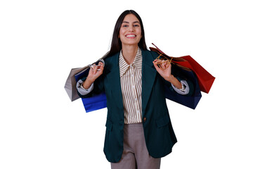 Happy woman carrying shopping bags on shoulders, enjoying retail therapy and consumerism, transparent background