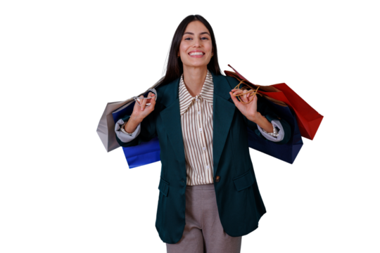 Happy woman carrying shopping bags on shoulders, enjoying retail therapy and consumerism, transparent background