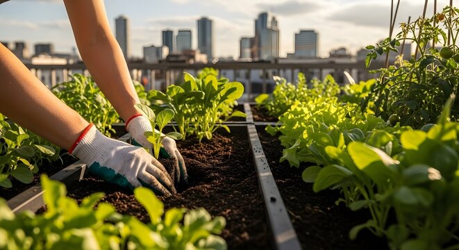 Urban gardener planting edible plants on apartment rooftop, city skyline behind, sustainable lifestyle concept