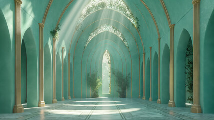 Ethereal turquoise temple colonnade with mystical light pillars, sacred fantasy architecture interior