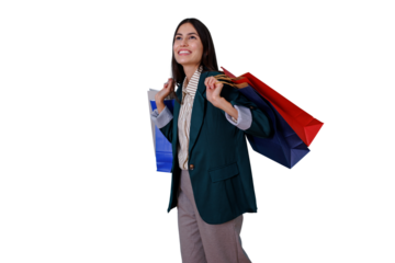 Happy woman carrying multiple shopping bags after successful retail shopping, enjoying a good purchase, transparent background, consumerism