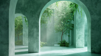 Mystical emerald forest corridor with ancient stone arches, ethereal green nature passage fantasy scene