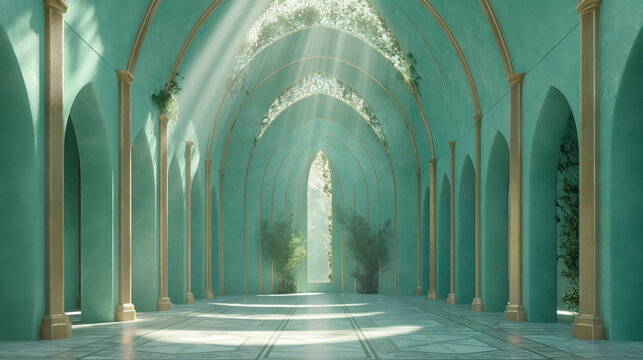 Ethereal turquoise temple colonnade with mystical light pillars, sacred fantasy architecture interior - Powered by Adobe