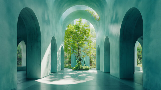 Magical emerald archway gateway with sacred tree, enchanted forest portal fantasy landscape with mystical atmosphere