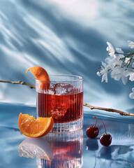 Dynamic cocktail with dramatic water splash, berries and orange slice, creative beverage photography with motion