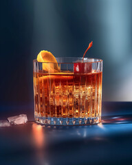 Elegant whiskey glasses with ice and warm ambient lighting, sophisticated bar scene beverage photography