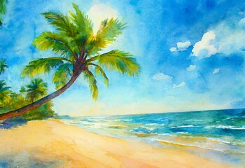 Fototapeta premium Watercolor painting of a tropical beach with palm tree