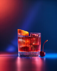 Vibrant cocktail glass with dramatic red and blue neon lighting, modern bar drink photography