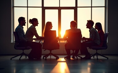 People silhouettes working together in office conference room, business strategy teamwork brainstorming. High quality