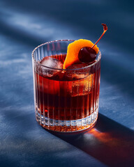 Classic Negroni cocktail with ice and orange peel garnish in glass, red alcoholic drink beverage photography on dark background
