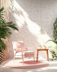 interior, design, modern, minimalist, contemporary, bright, airy, natural light, sunlight, window, terrazzo, wall, texture, chair, armchair, pink, blush, furniture, home, decor, living room, space, ar