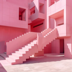 Abstract Pink Geometric Staircase Architecture - Modern Minimalist Interior Design with Surreal Perspective