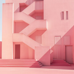 Pink geometric staircase architecture with dramatic shadows, modern minimalist abstract design