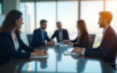 Blurred business people meeting in office interior with space for background or banner design. High quality