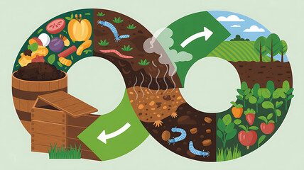 Composting cycle illustration showing food waste to healthy soil and plants image
