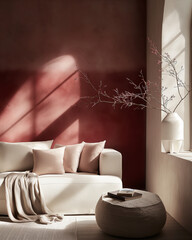 Elegant pink bedroom interior decorative pillows vase modern home decor luxury cozy aesthetic design romantic feminine stylish contemporary