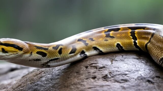 Asiatic reticulated python resting on mossy branch in jungle